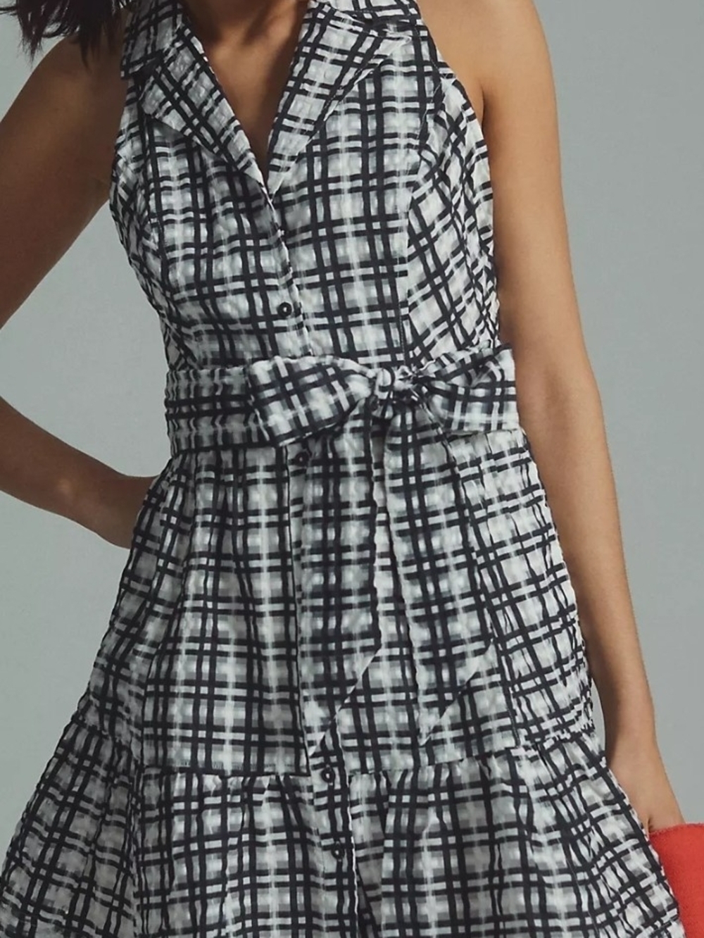 Anthropologie Navy Blue and White Plaid Tie-Waist Mini Dress